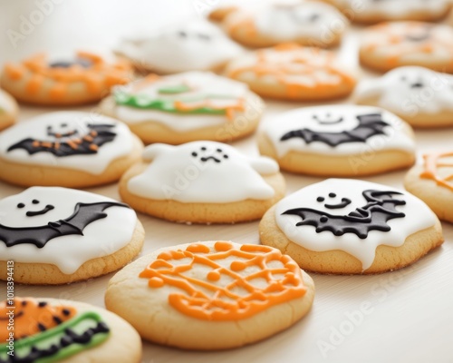 Family decorating spooky Halloween cookies with icing shaped like bats