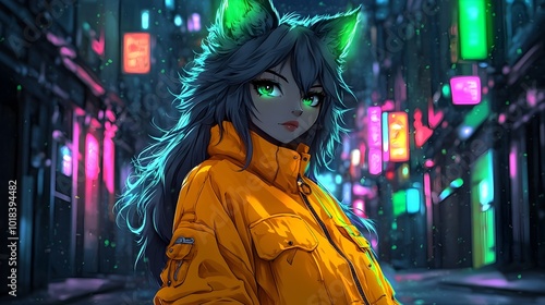 Stylized Anime Wolf Girl in Vibrant City Streetscape