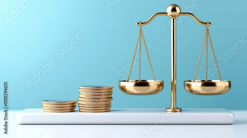 Wallpaper Mural Gold balance scale with coins on a white surface, set against a light blue background. Torontodigital.ca