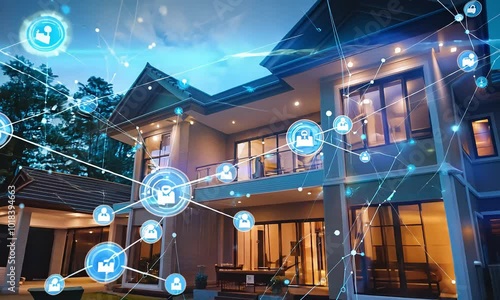 Smart Home Security: A modern home with connected security system icons surrounding it.  The image showcases peace of mind and the security of a smart home. 
