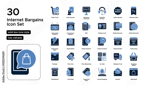 Internet Bargains Solid Duo Tone Icon Set: Online Discounts, Special Offers, and Price Cuts Icons