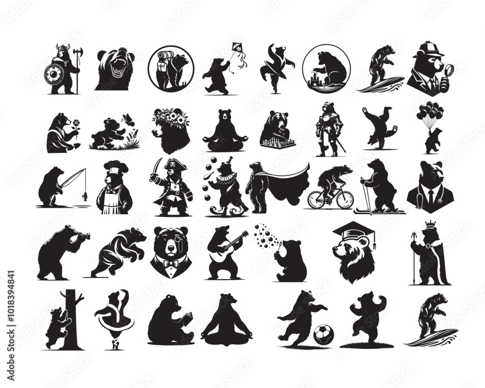 Fototapeta premium Collection of playful bear Vector illustration, Funny bear ClipArt Design, bear Silhouettes
