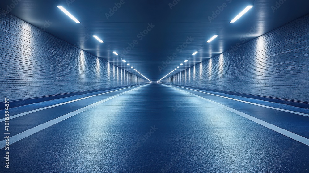 Fototapeta premium A long, empty tunnel with bright fluorescent lights illuminating the smooth asphalt road and brick walls