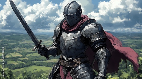 Valiant Knight in Polished Steel Armor Raises Longsword to Vanquish Foes
