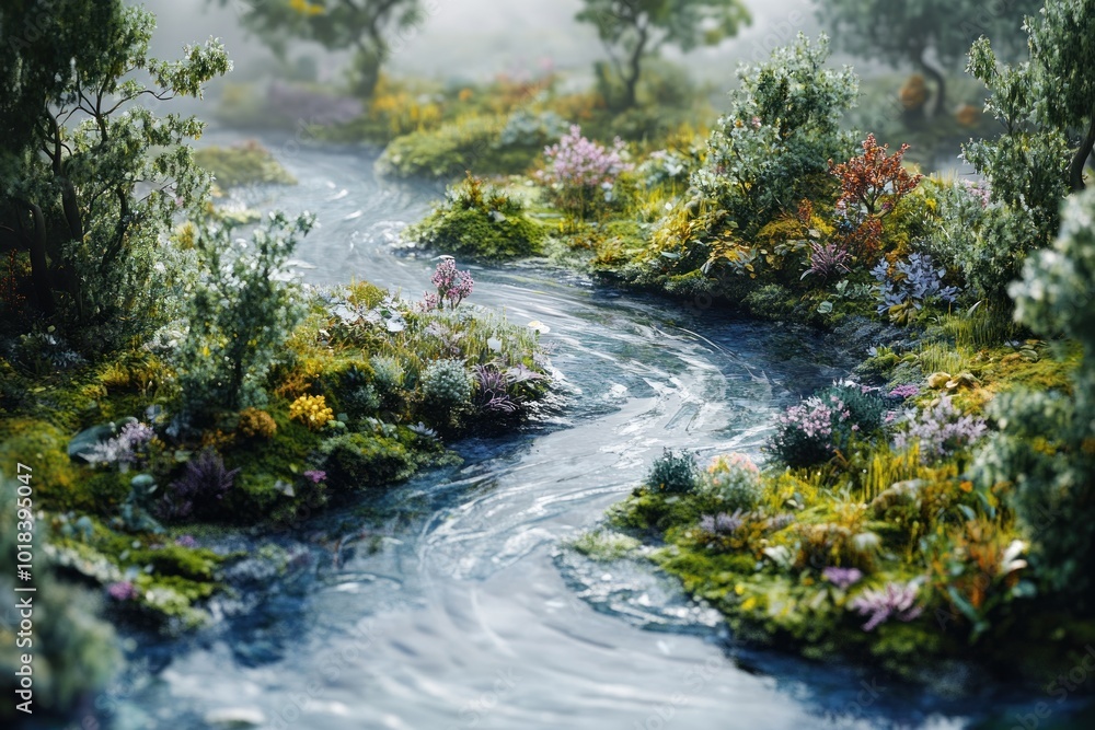 A winding river flows through a lush, misty forest, with vibrant green foliage and wildflowers lining its banks. A winding river flows through a lush, misty forest, with vibrant green foliage and wildflowers lining its banks.