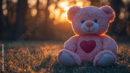 A Pink Teddy Bear Sitting In The Grass As The Sun Sets