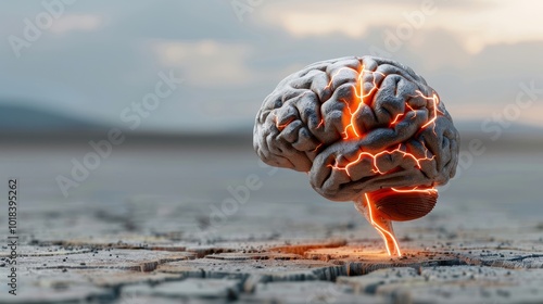 A conceptual image of a brain with electric cracks, symbolizing mental stress and innovation amidst a barren landscape.