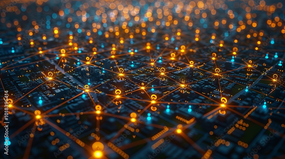 Fototapeta premium Futuristic Cityscape, Interconnected Network, Big Data Concept, Smart City, Technology Background