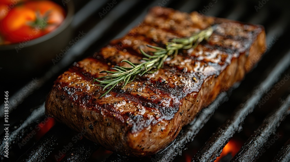 Juicy Grilled Steak with Rosemary on a Hot Grill Juicy Grilled Steak with Rosemary on a Hot Grill
