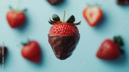 Delicious chocolate-covered strawberry floating among fresh strawberries on a blue background, perfect for dessert lovers. photo