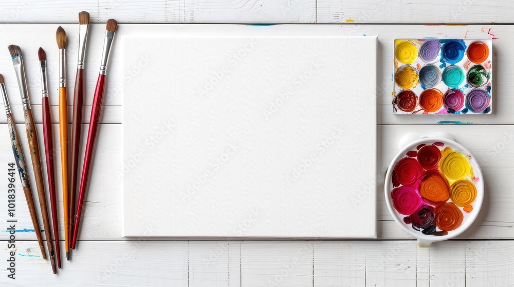 Art supplies neatly arranged with a blank canvas, watercolor palette, and brushes on a wooden table.