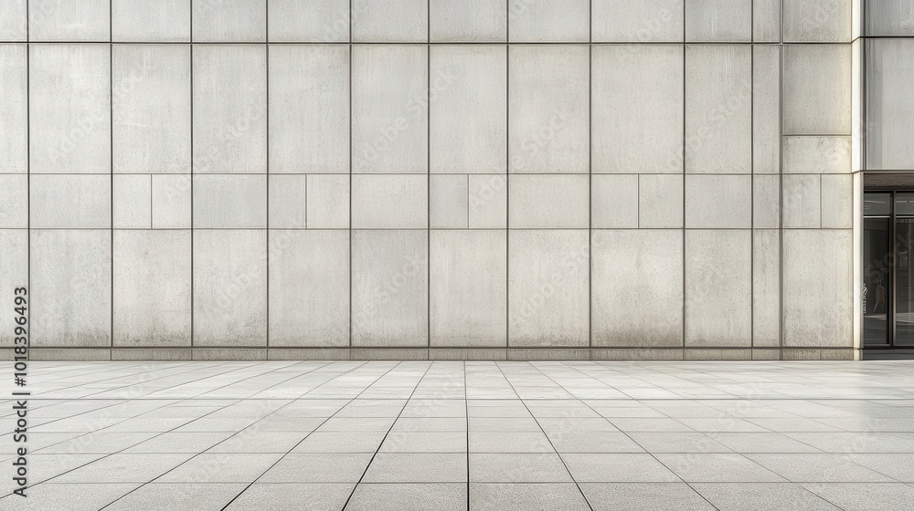 Fototapeta premium A minimalist concrete wall with a tiled walkway in front, providing a clean and modern backdrop for urban design
