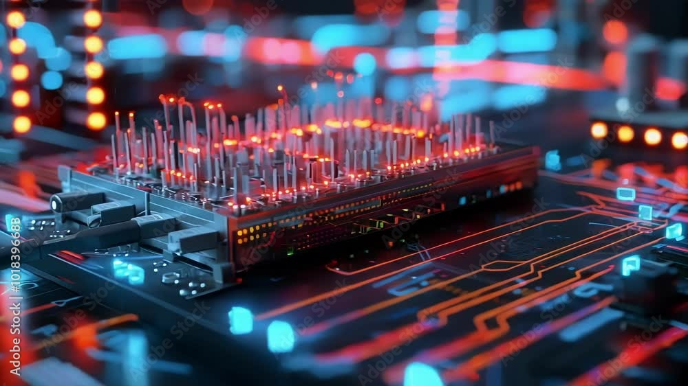 Red lights are glowing on a computer processor using an innovative cooling system, attached to a motherboard with cables Red lights are glowing on a computer processor using an innovative cooling system, attached to a motherboard with cables