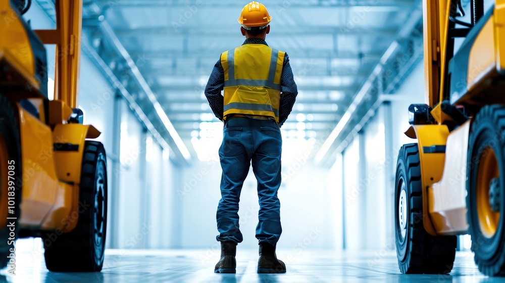 Fototapeta premium Warehouse worker standing between two forklifts, observing the spacious environment.