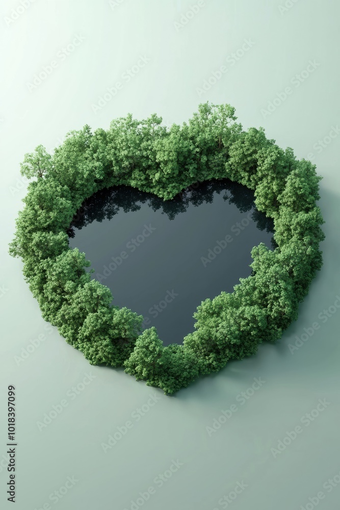 Aerial view of a heart-shaped tree formation surrounding a serene, dark water pool, embodying love and nature's beauty. Aerial view of a heart-shaped tree formation surrounding a serene, dark water pool, embodying love and nature's beauty.