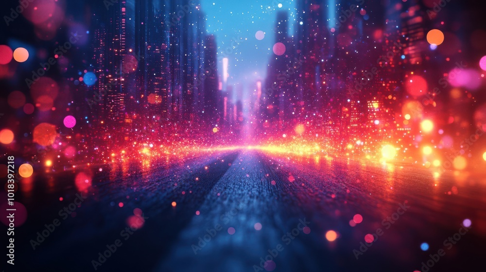 A glittering cityscape fades into a vibrant path of light, leading to a world beyond imagination. A glittering cityscape fades into a vibrant path of light, leading to a world beyond imagination.