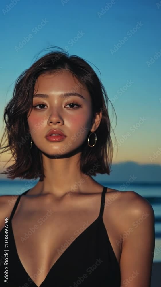 夕暮れのビーチでのモデル撮影、自然な正面からのショット 夕暮れのビーチでのモデル撮影、自然な正面からのショット