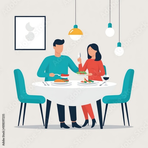 Flat color illustration of a beautiful couple having a delightful dinner in a cozy dining room.