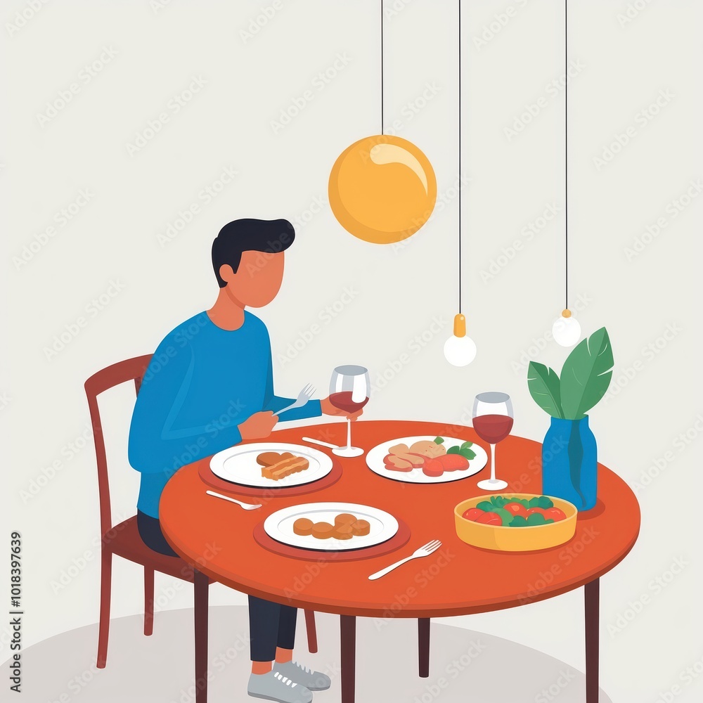 Flat color illustration of a man having a delightful dinner in a cozy dining room.