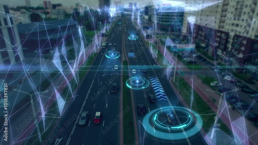 Futuristic concept of driverless smart transportation. AI-driven self-driving cars move along the city road, scanning the traffic situation and surroundings. Aerial view with added HUD elements.