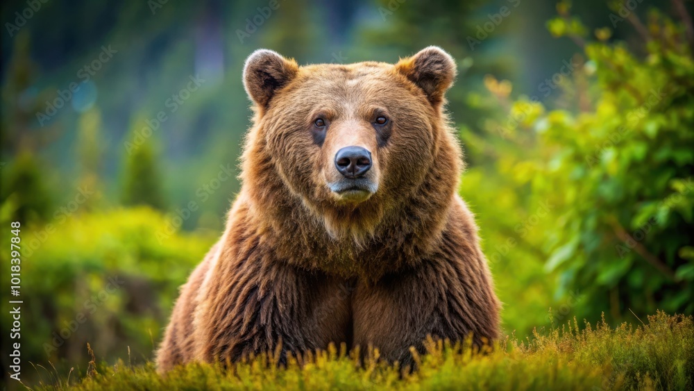 A large brown bear with a thick coat of fur sits in the grass, looking directly at the camera, with a backdrop of blurred greenery. A large brown bear with a thick coat of fur sits in the grass, looking directly at the camera, with a backdrop of blurred greenery.