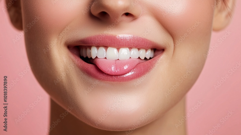 Fototapeta premium Woman Smiling and Licking Lips with Healthy Teeth