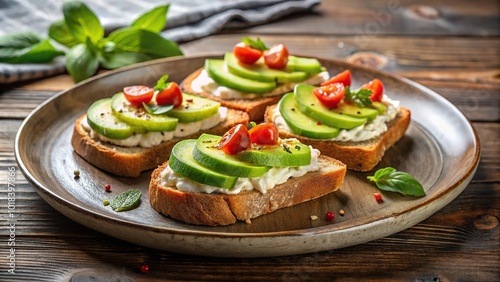 Fresh bruschetta with cream cheese and avocado on a plate