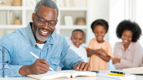 Elderly man smiling while writing at desk with cheerful family in background.