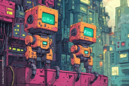 Two small orange robots with digital displays stand on a platform in front of a futuristic cityscape.