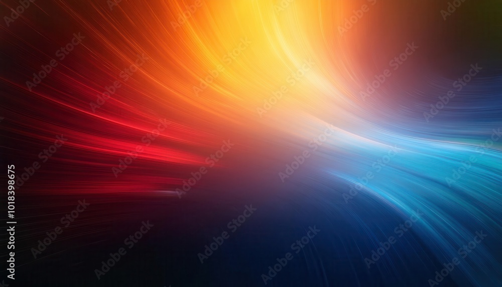 Obraz premium Abstract Radiant Light Rays in Gradient Sunset Colors. Soft Spectrum of Blended Warm Reds, Oranges, and Yellows Merging with Cool Blues and Teal, Creating a Calm Yet Dynamic Motion of Energy and Flow