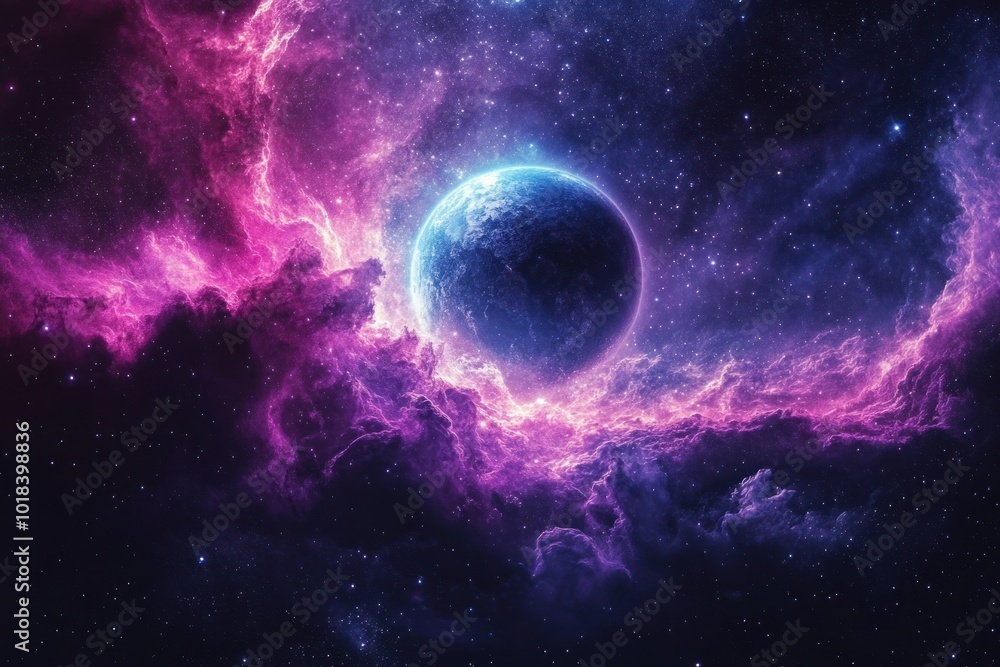 Obraz premium A blue planet in a nebula, surrounded by pink and purple clouds.