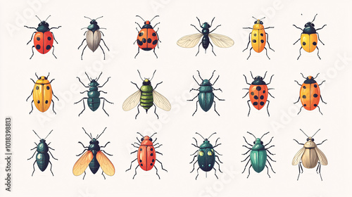 Collection of cute vector icons depicting various insects including ladybirds, mosquitoes, and flies, isolated on white