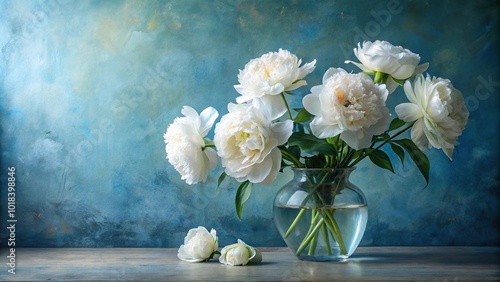 Fototapeta Naklejka Na Ścianę i Meble -  Oil painting of symmetrical white and light blue peonies in a glass vase against a muted blue wall