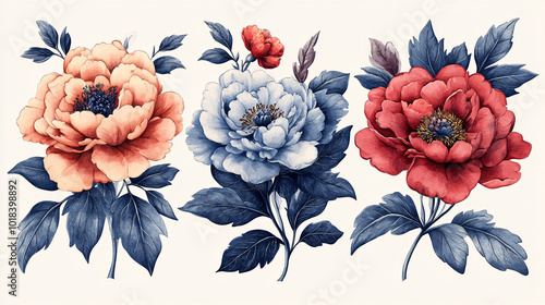 Fototapeta Naklejka Na Ścianę i Meble -  Collection of floral vector graphics with detailed patterns and a vintage aesthetic, featuring peonies and leaves