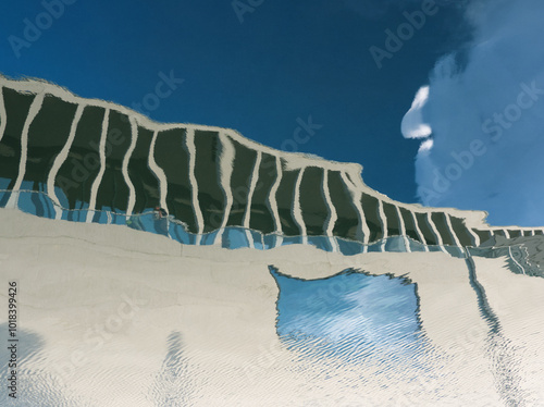 Blue water reflex background of modern biulding. Abstract reflection and abstract inspection elements in water. Architecture elements distorted in the river. Rippled water texture. Disordered surface photo