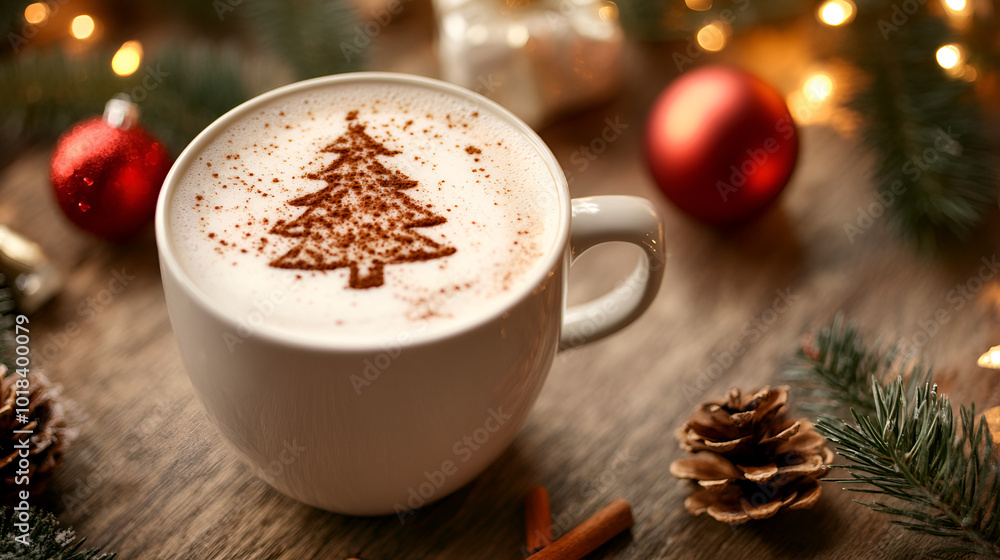 A cappuccino cup with cinnamon art in the shape of a Christmas tree. A cappuccino cup with cinnamon art in the shape of a Christmas tree.
