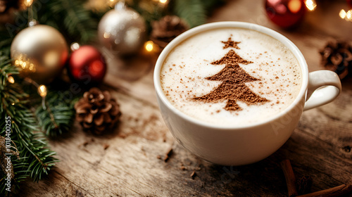 A cappuccino cup with cinnamon art in the shape of a Christmas tree.