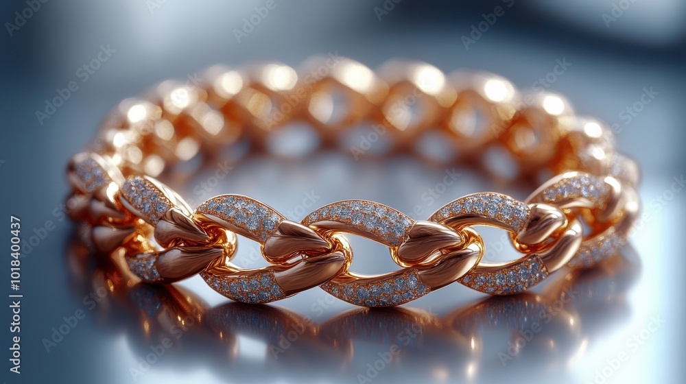 Close-up of a Diamond-Encrusted Gold Chain Bracelet, Reflecting Light on a Polished Surface Close-up of a Diamond-Encrusted Gold Chain Bracelet, Reflecting Light on a Polished Surface