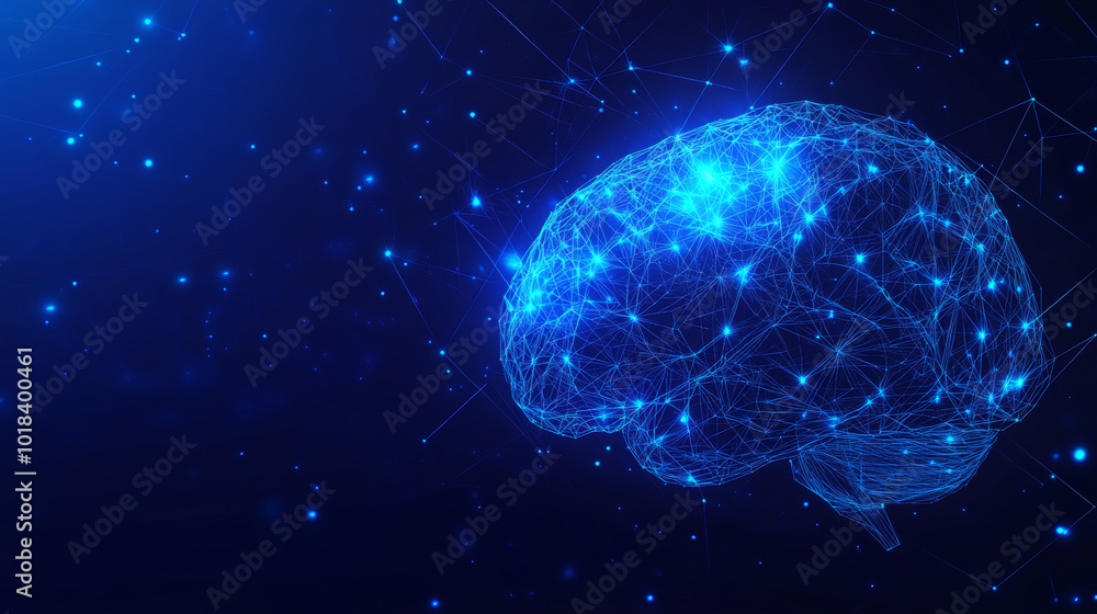 A futuristic,glowing brain made of lines,stars, and triangles, against a dark blue background.Image represents the study of the brain and the development of artificial intelligence.low poly wireframe. A futuristic,glowing brain made of lines,stars, and triangles, against a dark blue background.Image represents the study of the brain and the development of artificial intelligence.low poly wireframe.