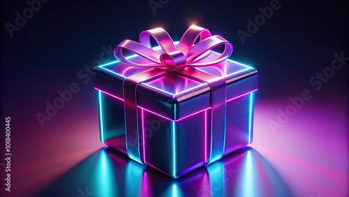 Glowing neon gift box with bow on top perfect for holiday or birthday celebration