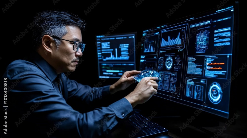 Cybersecurity Expert Analyzing Data: A focused cybersecurity professional meticulously examines a microchip against the backdrop of glowing computer screens displaying complex data visualizations. Cybersecurity Expert Analyzing Data: A focused cybersecurity professional meticulously examines a microchip against the backdrop of glowing computer screens displaying complex data visualizations.