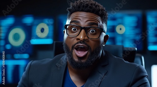 Astonished Data Analyst: A Black man in glasses with a shocked expression, sitting before a wall of glowing computer screens displaying data. The image conveys surprise, intrigue.