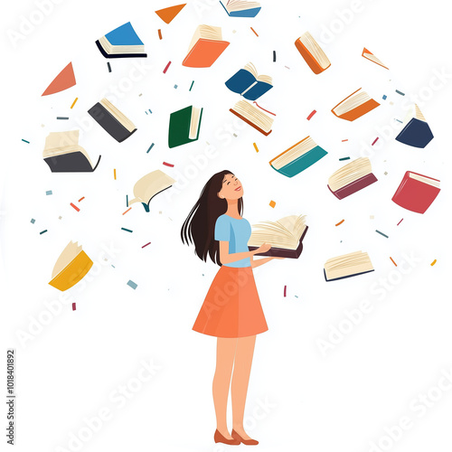 Illustration Of A Smiling Student Standing Surrounded By Flying Books, Symbolizing Education And Reading Concepts For Exam Preparation.