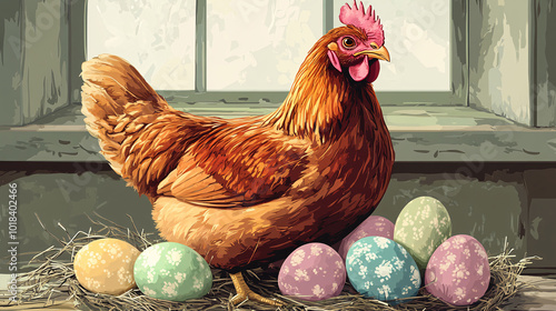 Detailed graphic of a hen with Easter eggs in a domestic setting, perfect for a vector design related to poultry farming photo