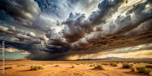 ominous cloudy sky over dry desert landscape