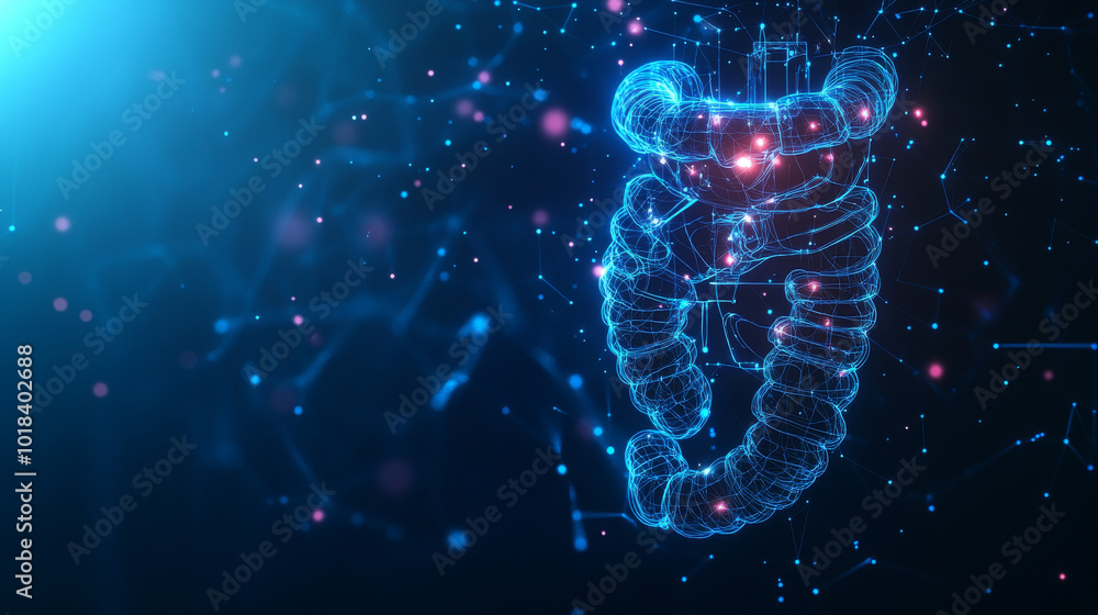 A glowing, futuristic image of an intestine, made up of simple shapes, stands out against a dark blue background. This design represents modern research in the field of digestive health. A glowing, futuristic image of an intestine, made up of simple shapes, stands out against a dark blue background. This design represents modern research in the field of digestive health.