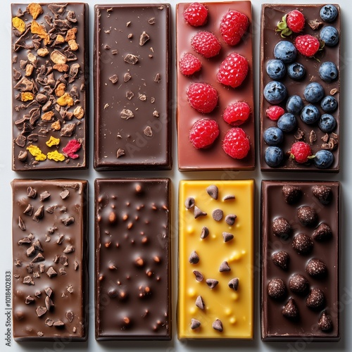 Assorted chocolate bars topped with berries and nuts, overhead view. photo