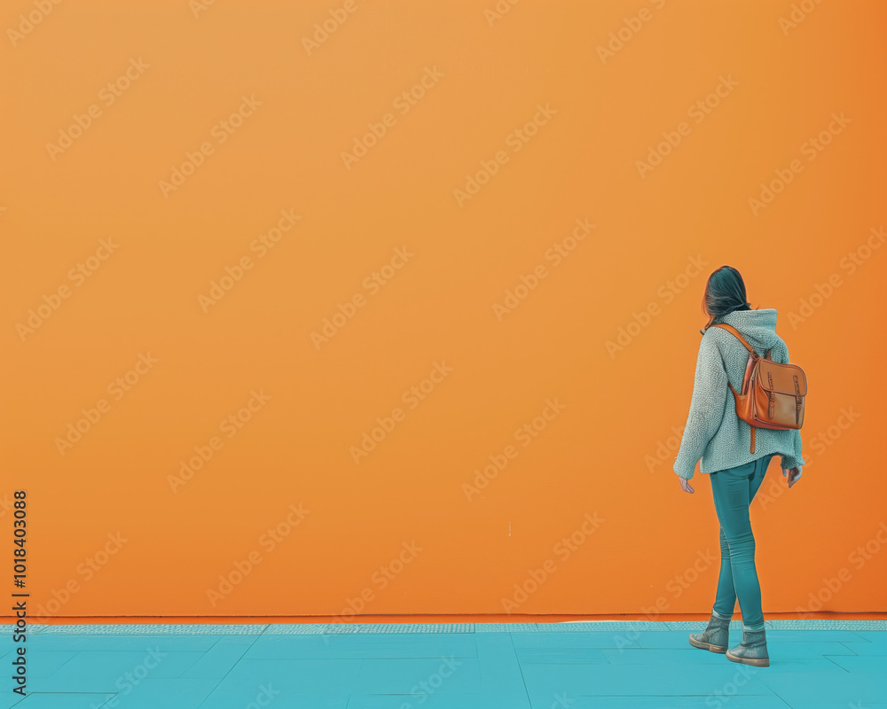 Woman with Backpack Walking Along Vibrant Orange Wall ? Urban Lifestyle and Fashion Woman with Backpack Walking Along Vibrant Orange Wall ? Urban Lifestyle and Fashion