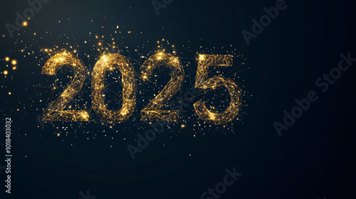 A sleek black greeting card with shimmering gold numbers "2025" formed from geometric shapes. Perfect for a stylish New Year's message or business banner.low poly wireframe.