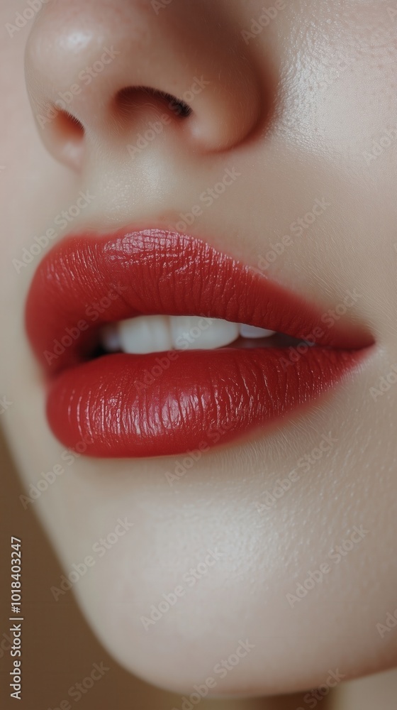Close-up of lips with red lipstick, perfect teeth visible. Close-up of lips with red lipstick, perfect teeth visible.